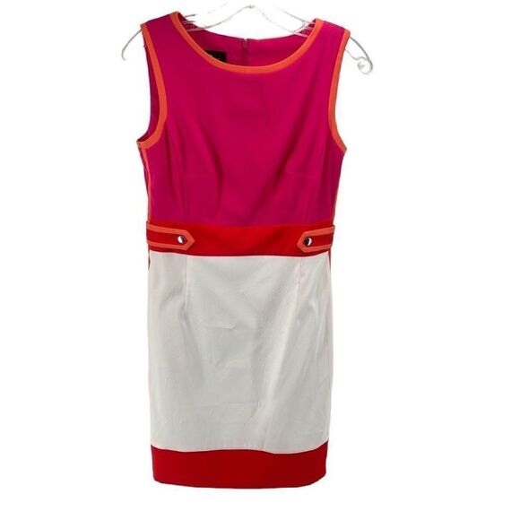 AGB Womens Sheath Dress Colorblock Stretch Sleeveless Zip Pink White Orange 6 - Picture 1 of 13